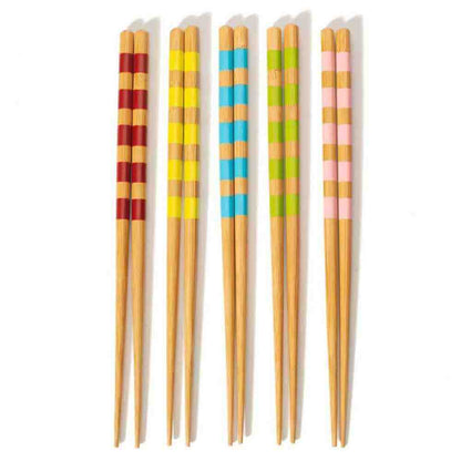Set of 5 bamboo chopsticks with colorful striped ends in red, yellow, blue, green
