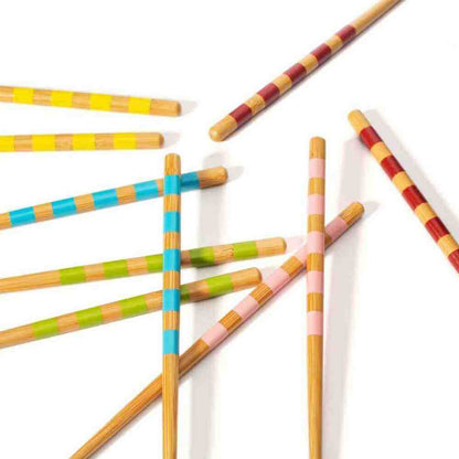 Set of 5 bamboo chopsticks, some crossed, with multicolor striped patterns