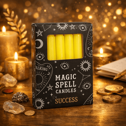 Magic spell candles gift box with four yellow pillar candles