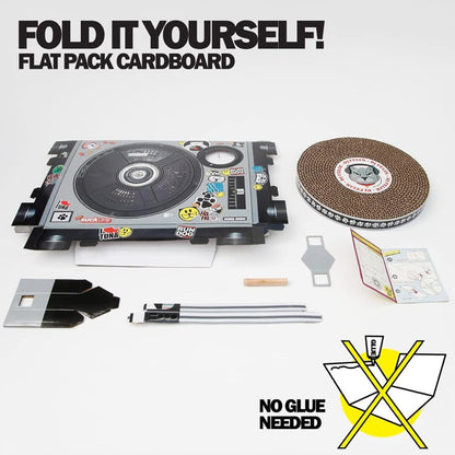 Fold-it-yourself flatpack cardboard set with turntable parts, scratch pad, and wand arm