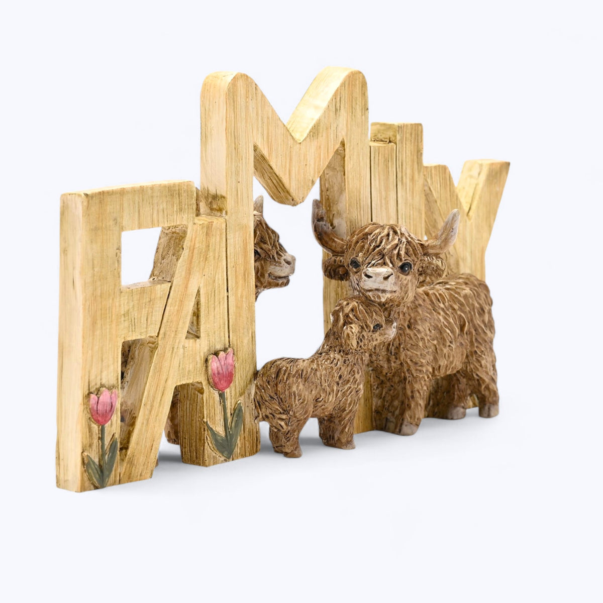 Wooden FAMILY plaque with three brown cow figurines and tulip accents