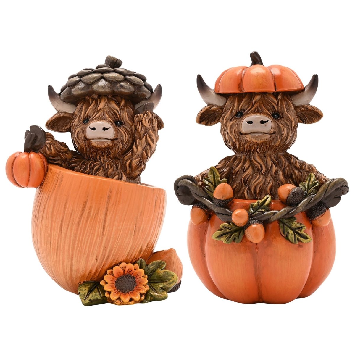 Decorative Highland cow figurines holding orange pumpkins, with hats and autumn flowers