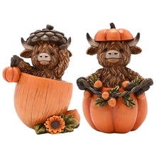 Decorative Highland cow figurines holding orange pumpkins, with hats and autumn flowers