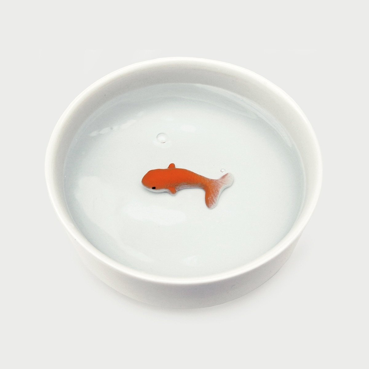 White ceramic cat water bowl with orange fish trick piece centered in water