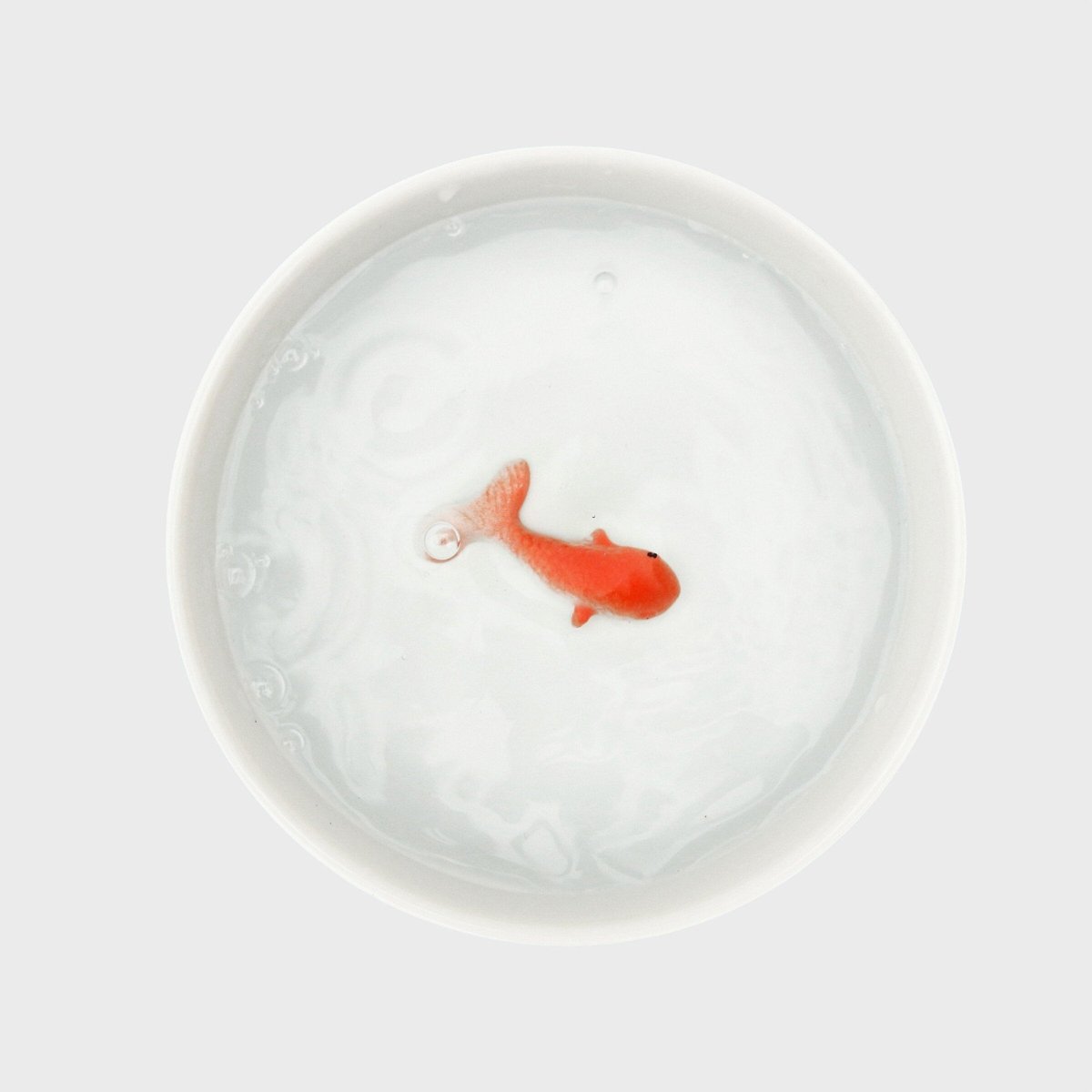 White ceramic cat water bowl with orange fish-shaped piece floating in water