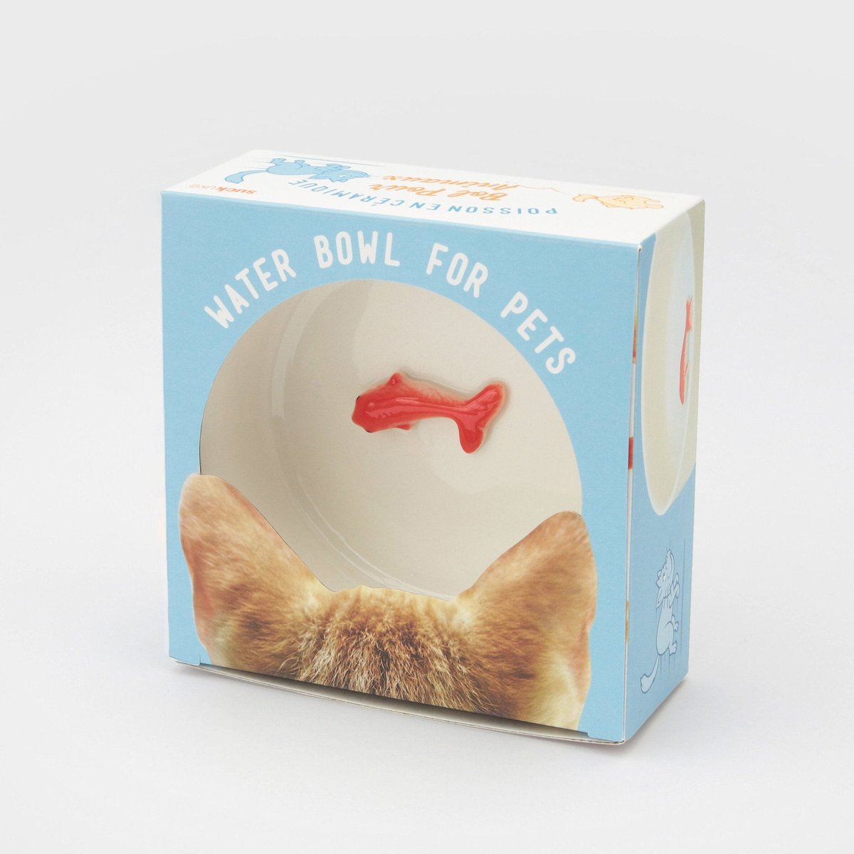 Cat water bowl product box showing orange fish graphic and pet water bowl illustration