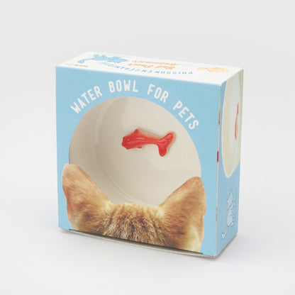 Cat water bowl product box showing orange fish graphic and pet water bowl illustration