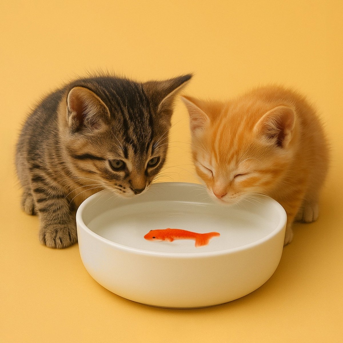 Ceramic cat water bowl with orange fish-shaped splash, rounded white dish