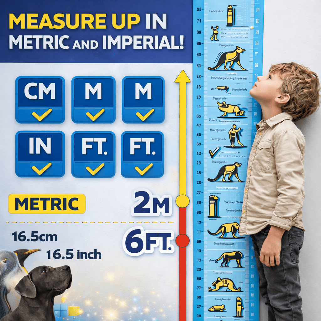 Kids height chart with metric and imperial badges, blue scale and animal silhouettes