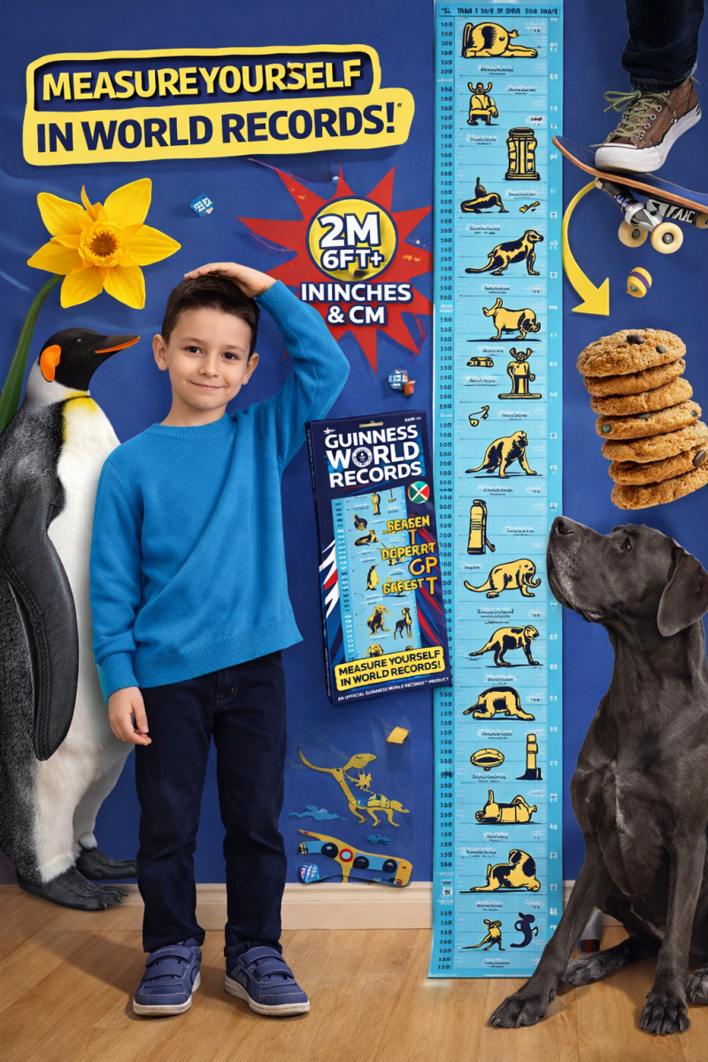 Kids height chart beside child, Guinness World Records blue design with height figures