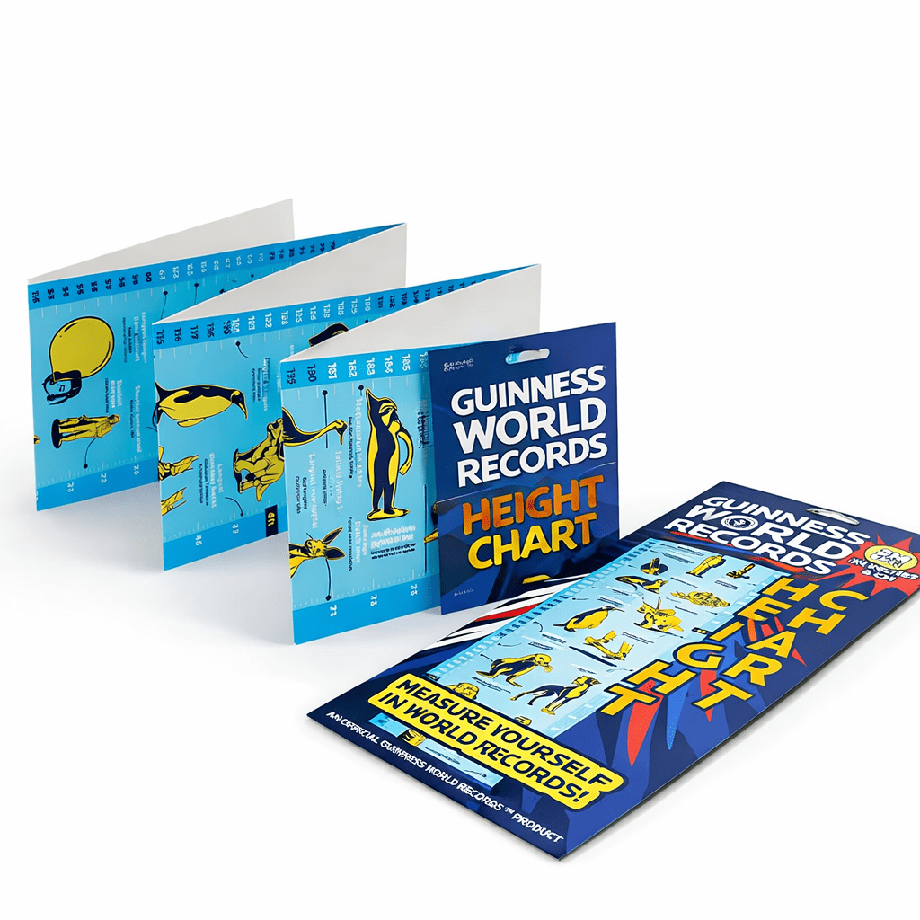 Folded kids height chart set, blue Guinness World Records ruler with animal graphics