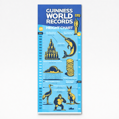 Kids height chart, blue Guinness World Records measuring scale with animal illustrations