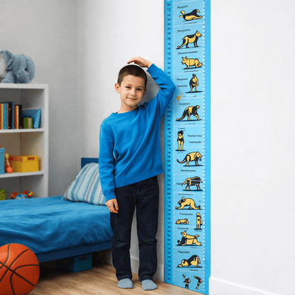 Kids height chart on bedroom wall, blue vertical scale with animal illustrations