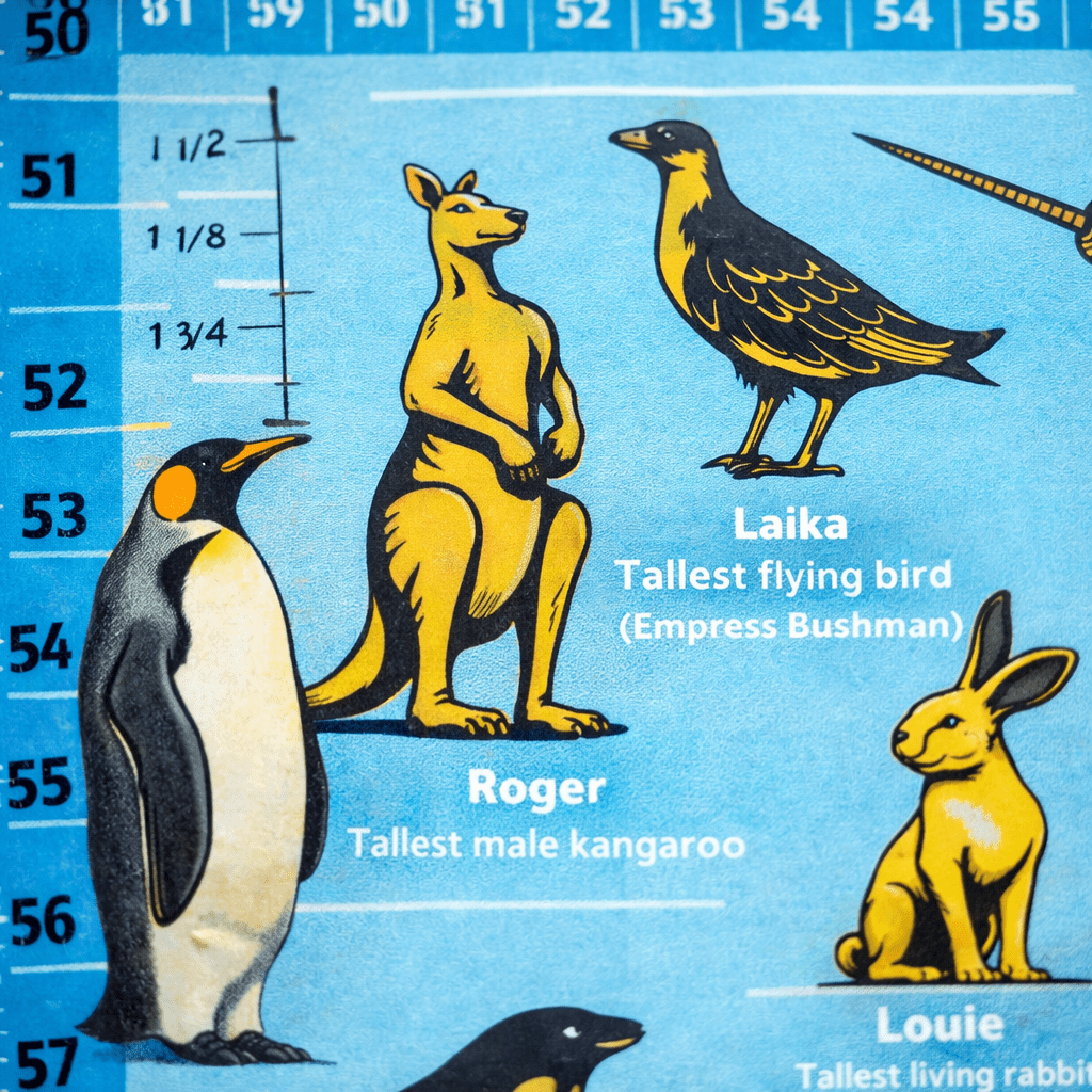 Height chart closeup with blue ruler grid and animal labels: Laika, Roger, Louie