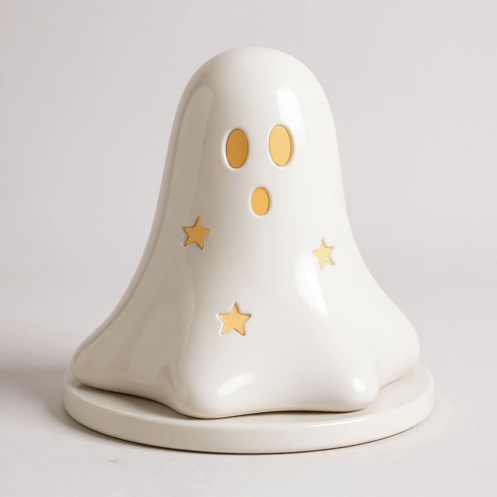 White ceramic ghost tealight holder with orange eyes, gold stars, and flat base plate