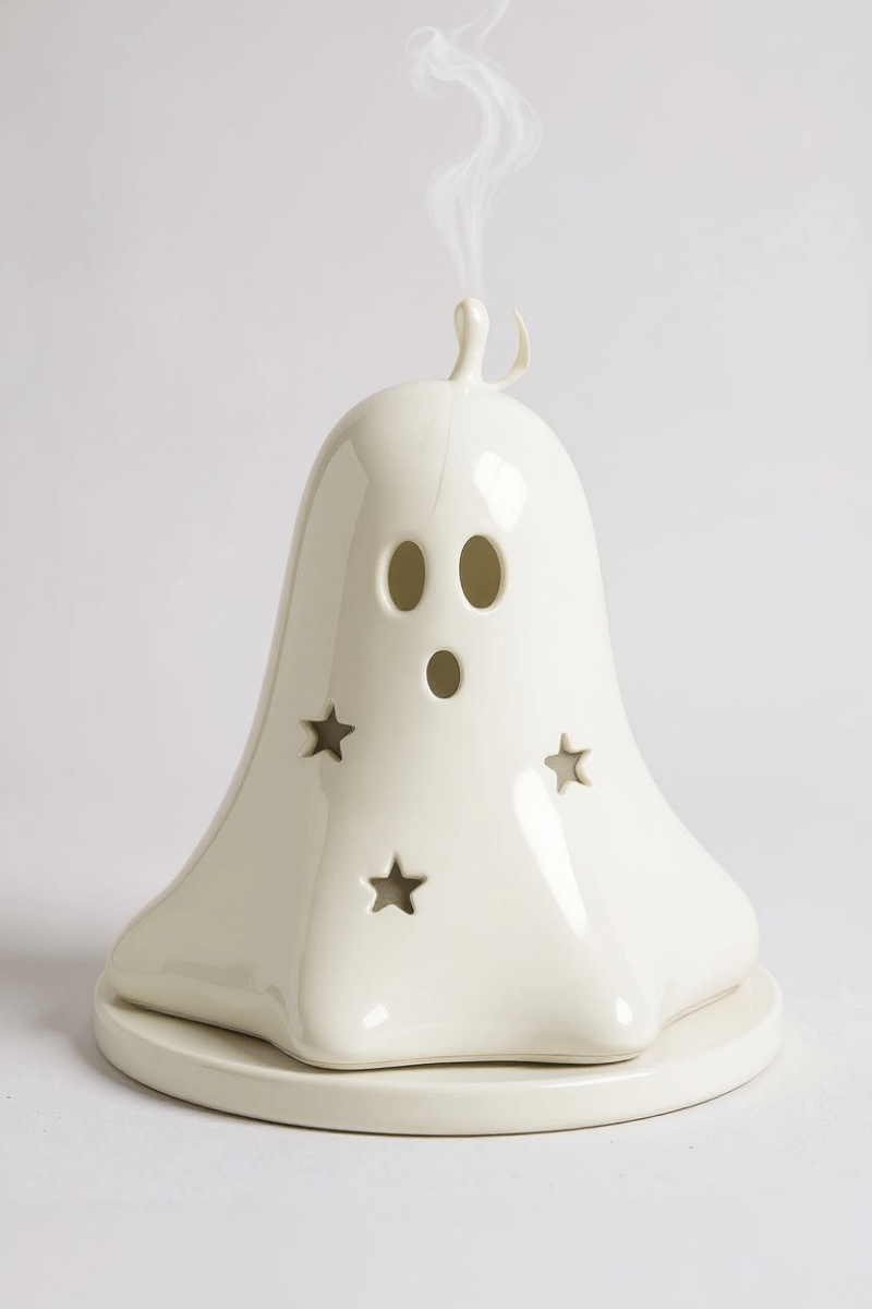 White ceramic ghost incense holder with hollow face holes, star accents, and rising smoke