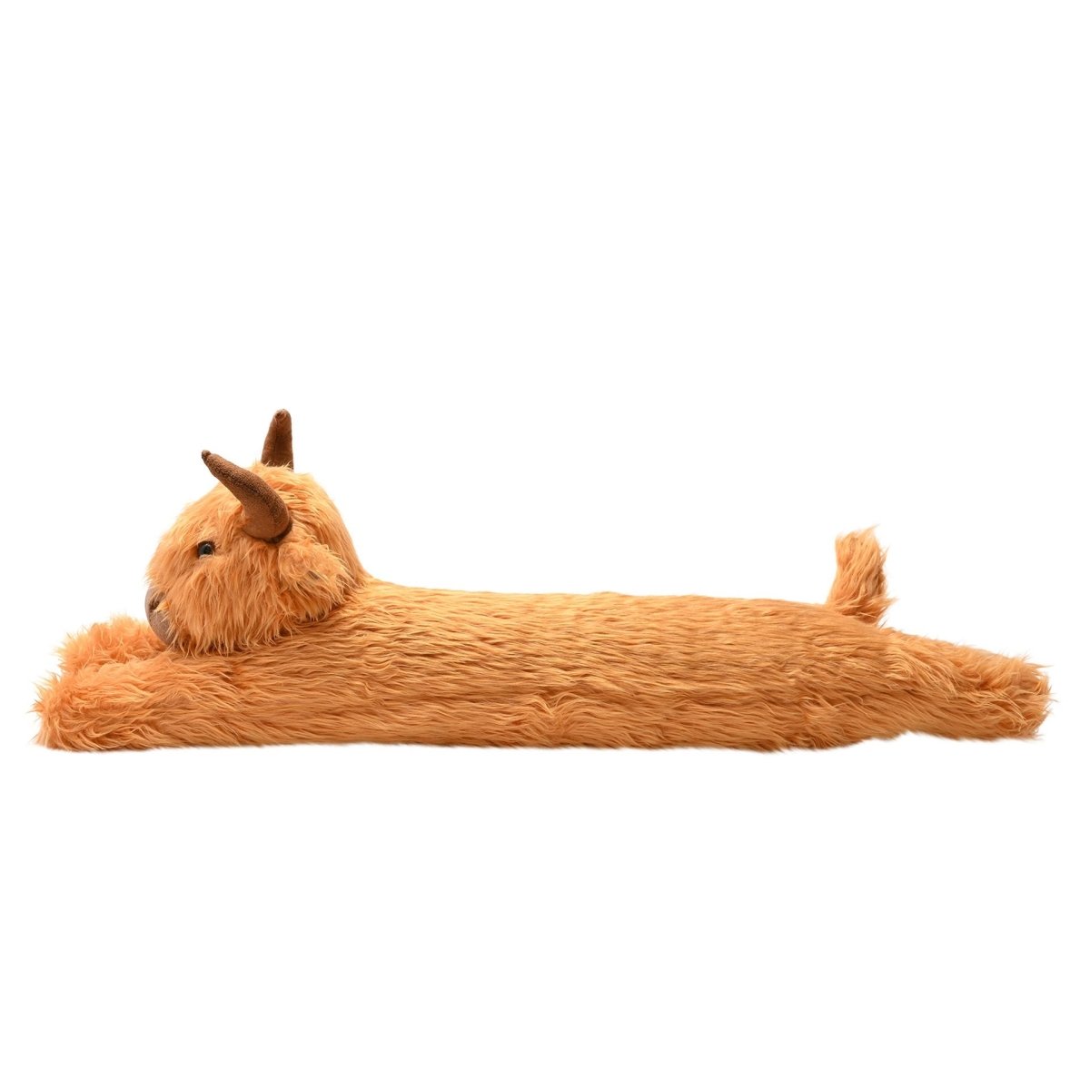 Orange plush Highland cow draught excluder, long body shape lying on a flat surface.