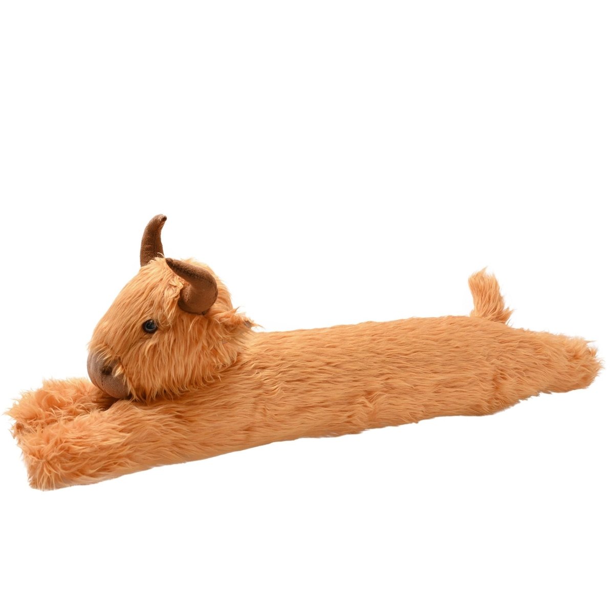 Orange plush Highland cow draught excluder side view, lying with horns and face visible.
