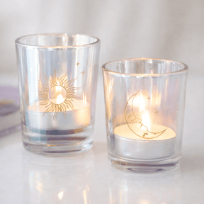 The Fashion Gift Shop: Iridescent Sun and Moon Tea Light Candle Holders – Celestial Glass Votives by Mindful Frog, Candle Holders