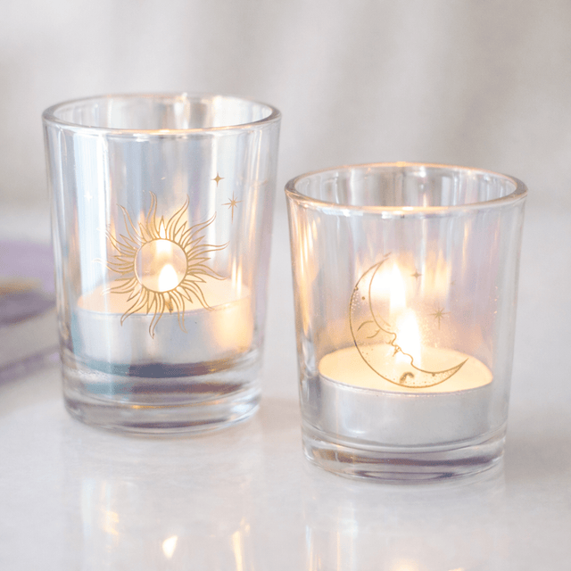 The Fashion Gift Shop: Iridescent Sun and Moon Tea Light Candle Holders – Celestial Glass Votives by Mindful Frog, Candle Holders