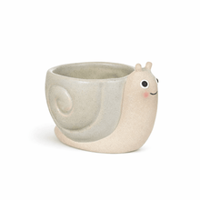 Mini snail planter, beige ceramic snail-shaped pot with green succulent inside.