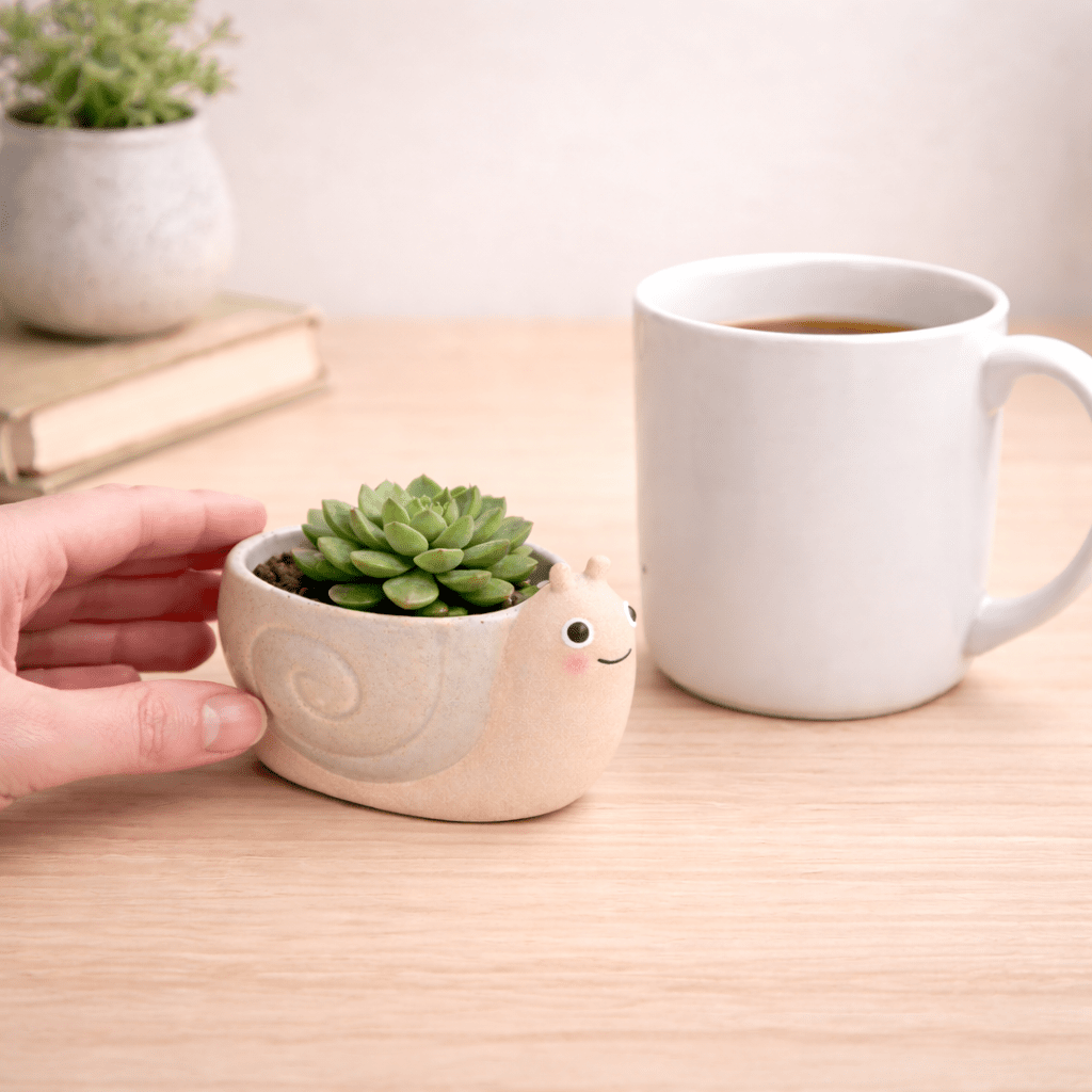 Mini snail planter in beige pot with green succulent, hand gently holding planter.