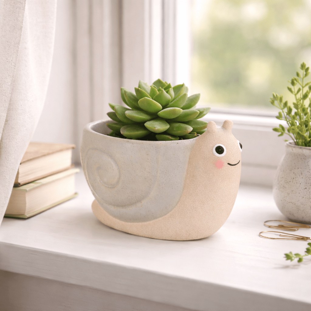 Mini snail planter with beige pot and green succulent, snail face detail visible.