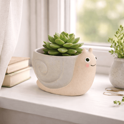 Mini snail planter with beige pot and green succulent, snail face detail visible.