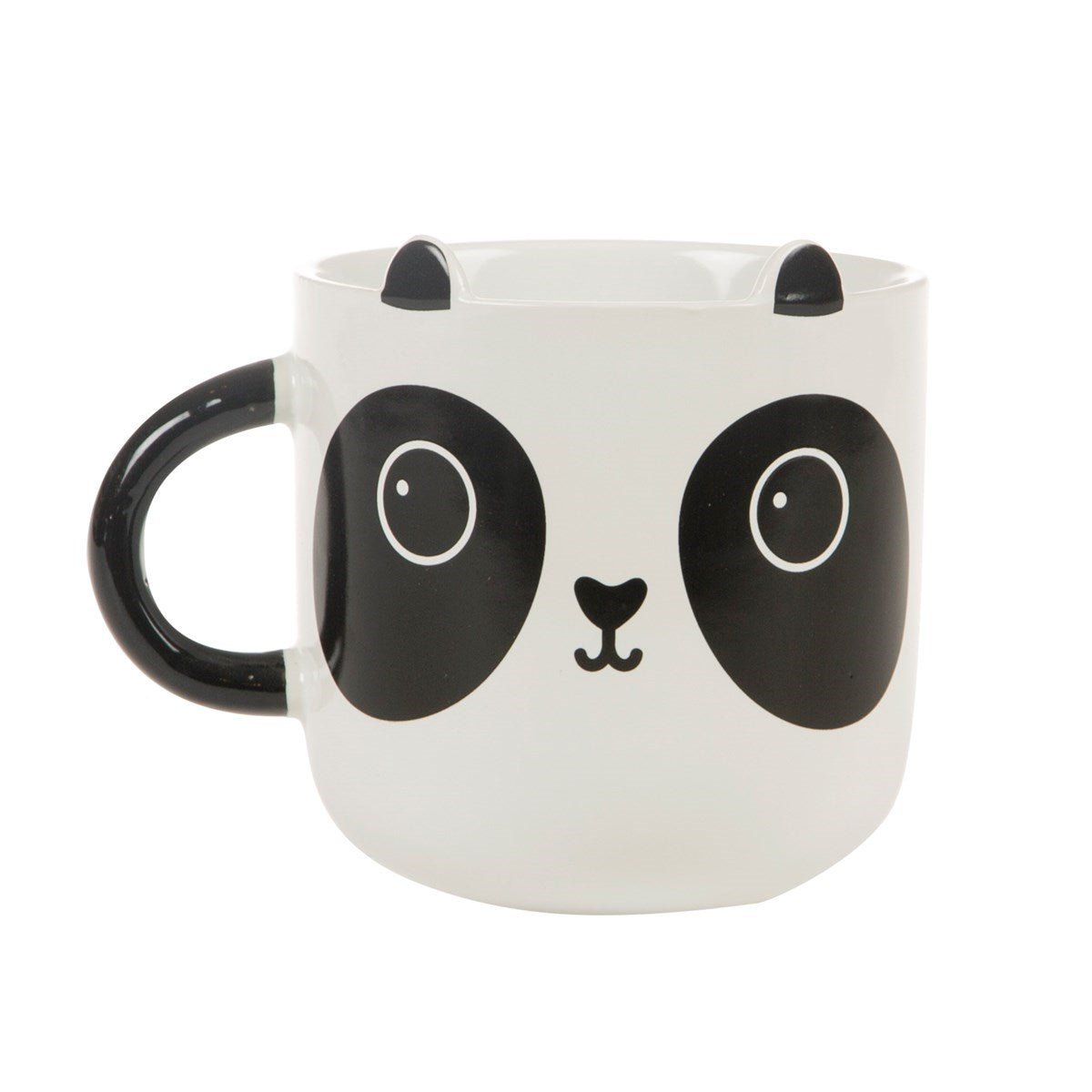 White panda bear mug with black oval eyes, nose, and whiskers; black side handle