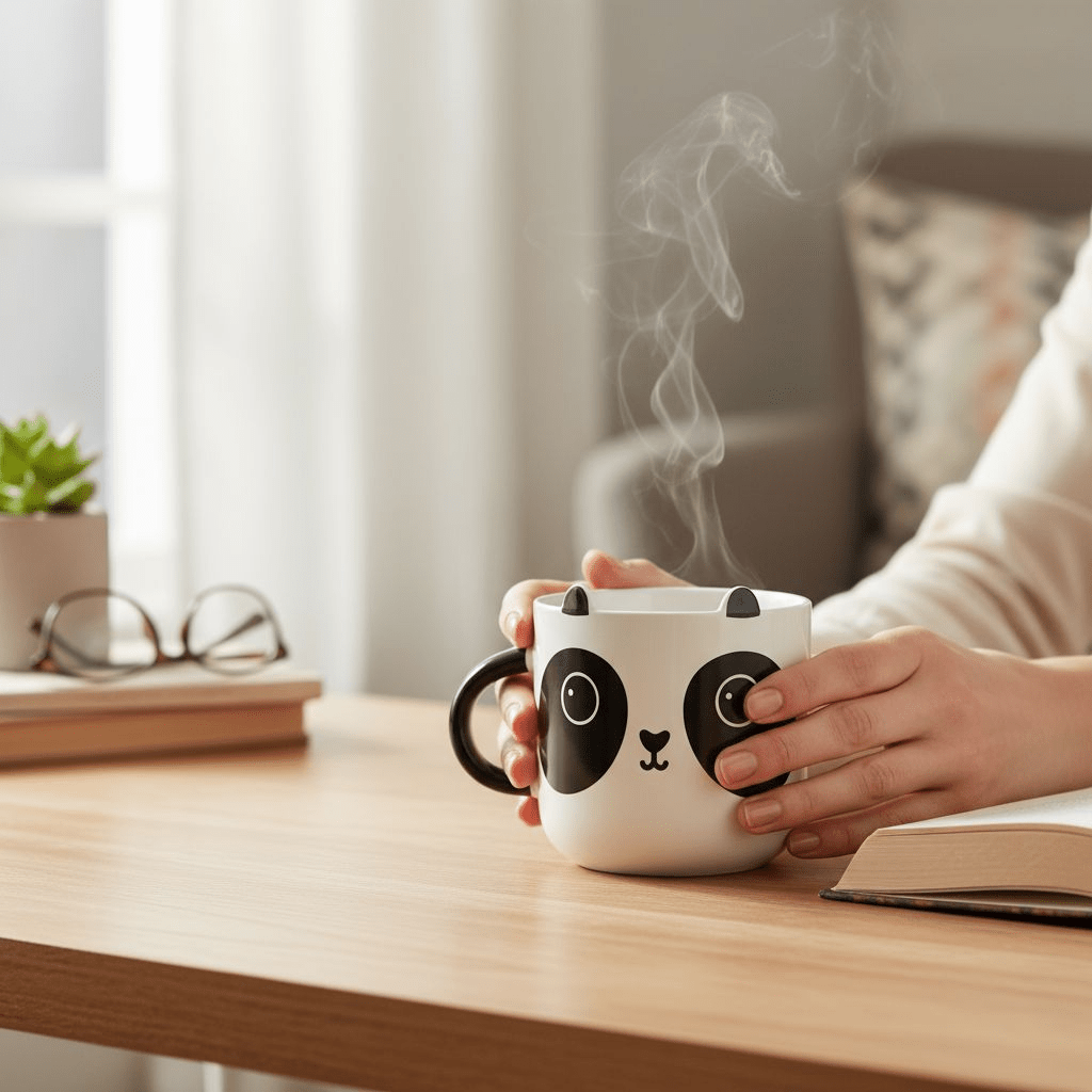 White panda mug with steam rising while hands hold it; black handle and face