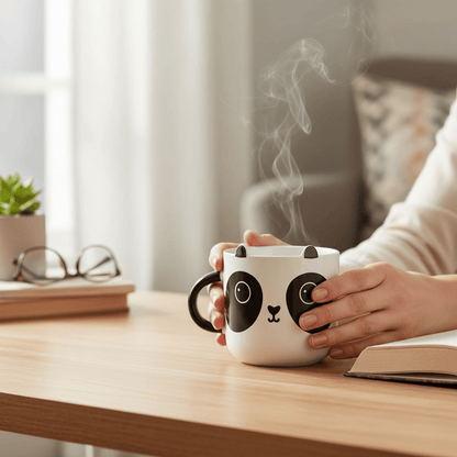 White panda mug with steam rising while hands hold it; black handle and face