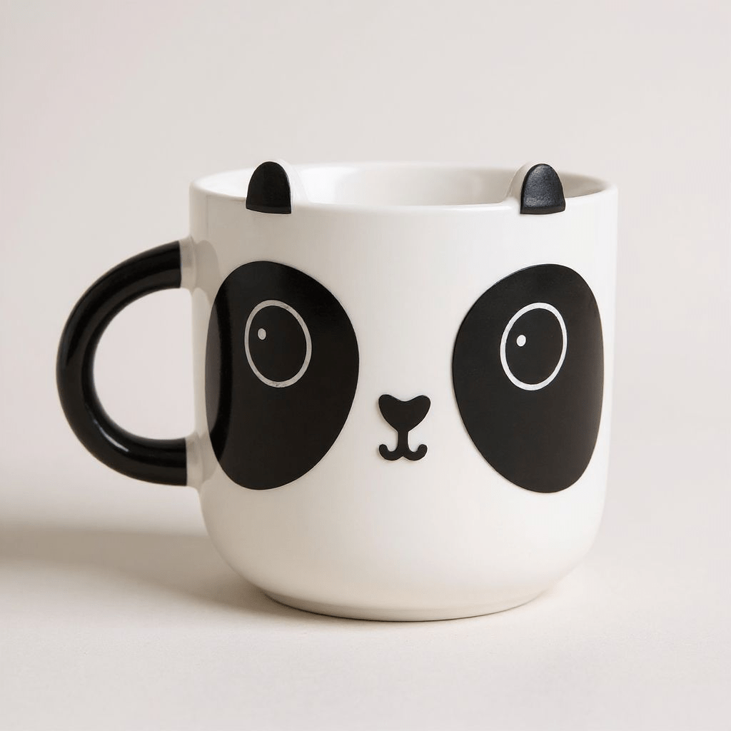 White panda bear face mug with black ears, eyes, and whisker details; black handle