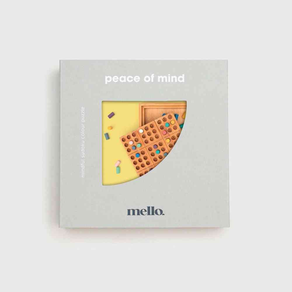 Peace of mind and mello game box cover with illustrated wooden sudoku board