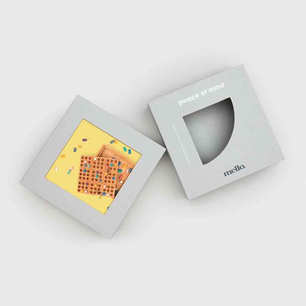 Peace of Mind and mello game cards with illustrated wooden sudoku board