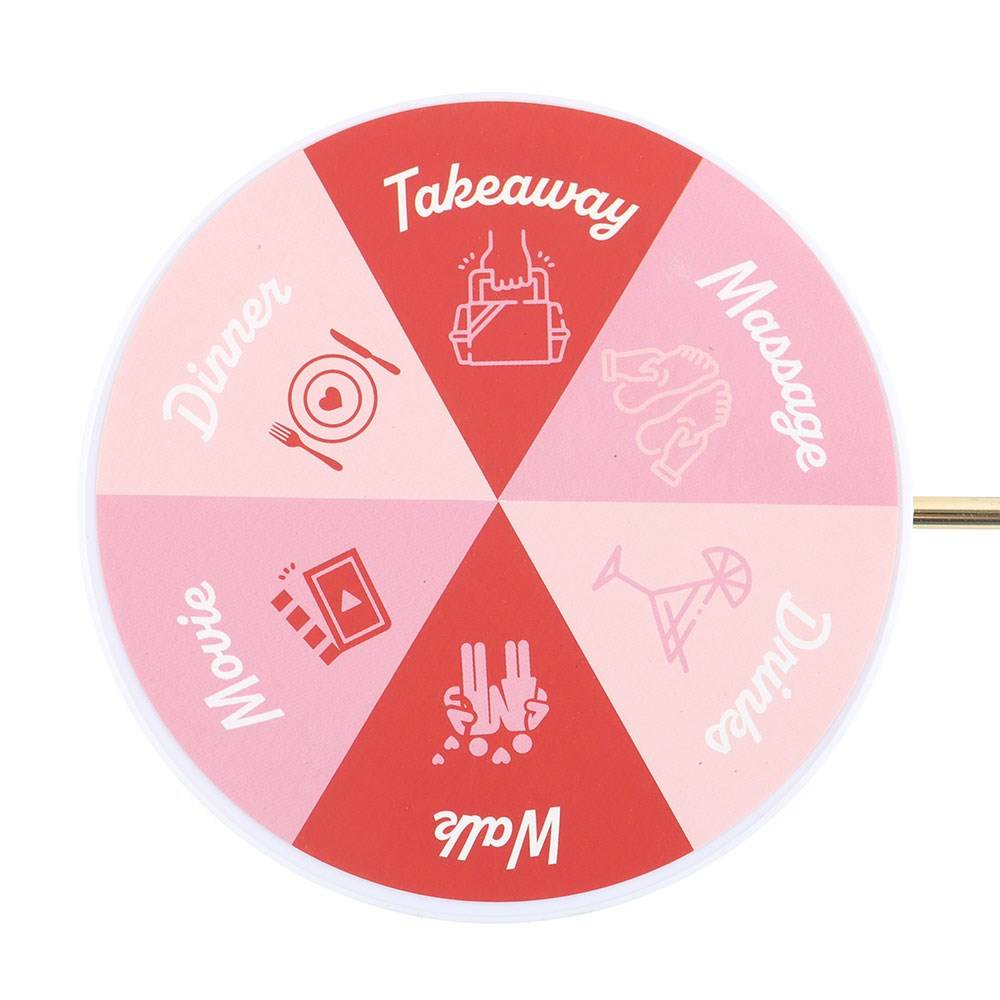 Segmented game wheel with red and pink wedges labeled Takeaway and more