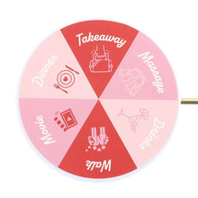 Segmented game wheel with red and pink wedges labeled Takeaway and more