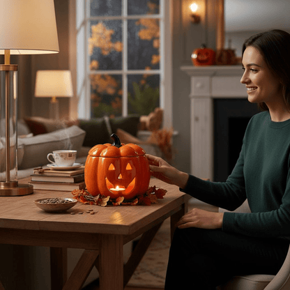 Orange jack-o-lantern wax melt warmer with lit interior on a tabletop