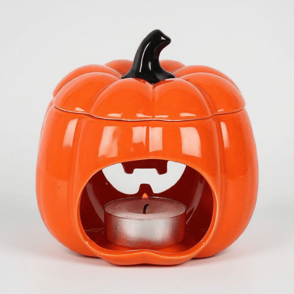 Orange jack-o-lantern oil burner with open top and metal tealight cup inside