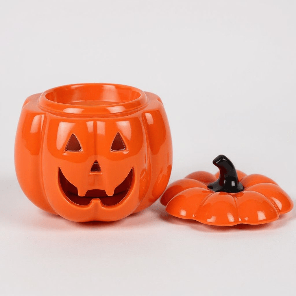 Orange jack-o-lantern oil burner with lid off, showing black stem pieces