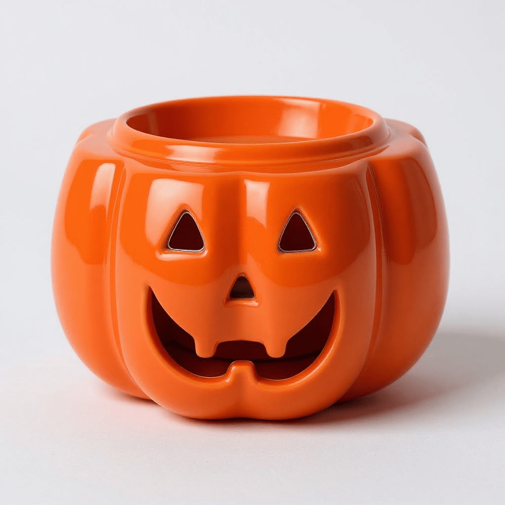 Orange jack-o-lantern wax melt warmer with black stem and carved triangular face cutouts