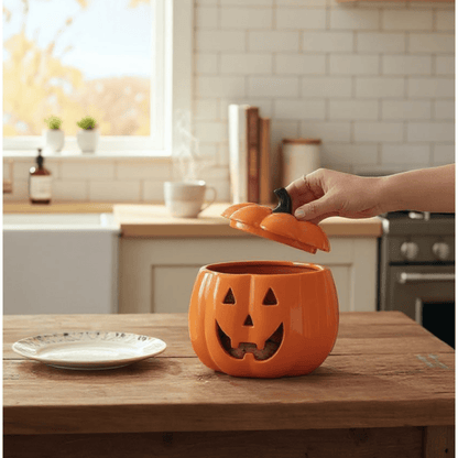 Orange jack-o-lantern oil burner on a wooden table with carved face cutouts