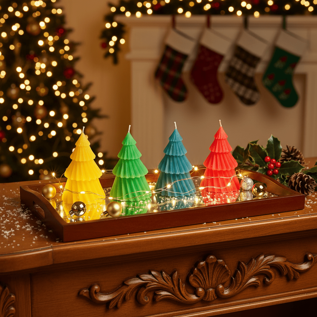 Set of 4 Colourful Unscented Christmas Tree Candles – Festive Table & Mantel Decor by Jones Home & Gifts