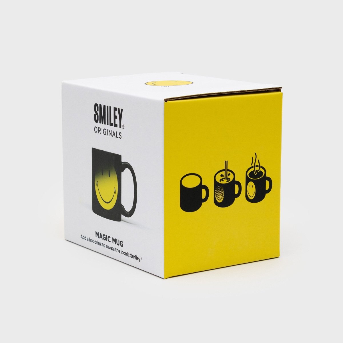 Smiley Magic Mug gift box with yellow side panel and black mug icons