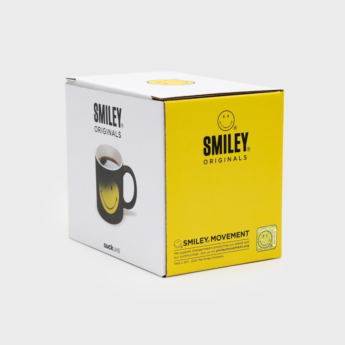 Smiley Magic Mug gift box with yellow side panel and Smiley Originals branding
