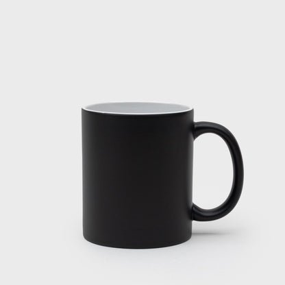 Plain black ceramic mug with white interior and right-side handle