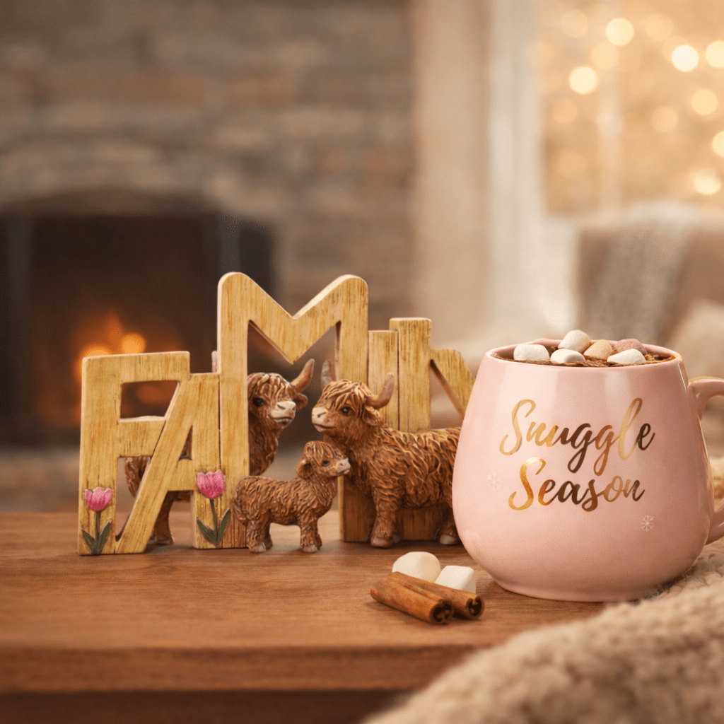 Pink ceramic mug with rose gold script lettering and marshmallows on rim
