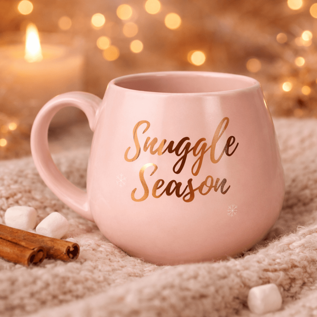 Pink ceramic mug with rose gold script lettering, empty interior