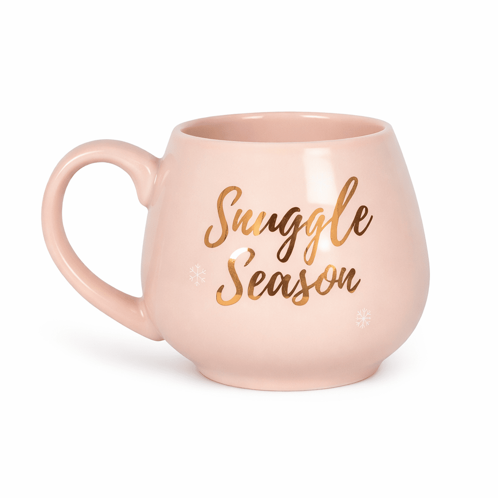 Pink ceramic mug with rose gold script lettering and snowflake accents