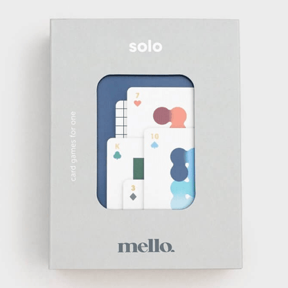 Solo Mello playing cards box: gray pack with blue window showing card artwork