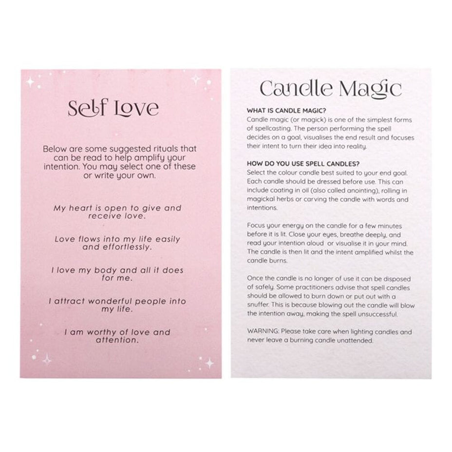Candle Magic insert cards with Self Love text panels